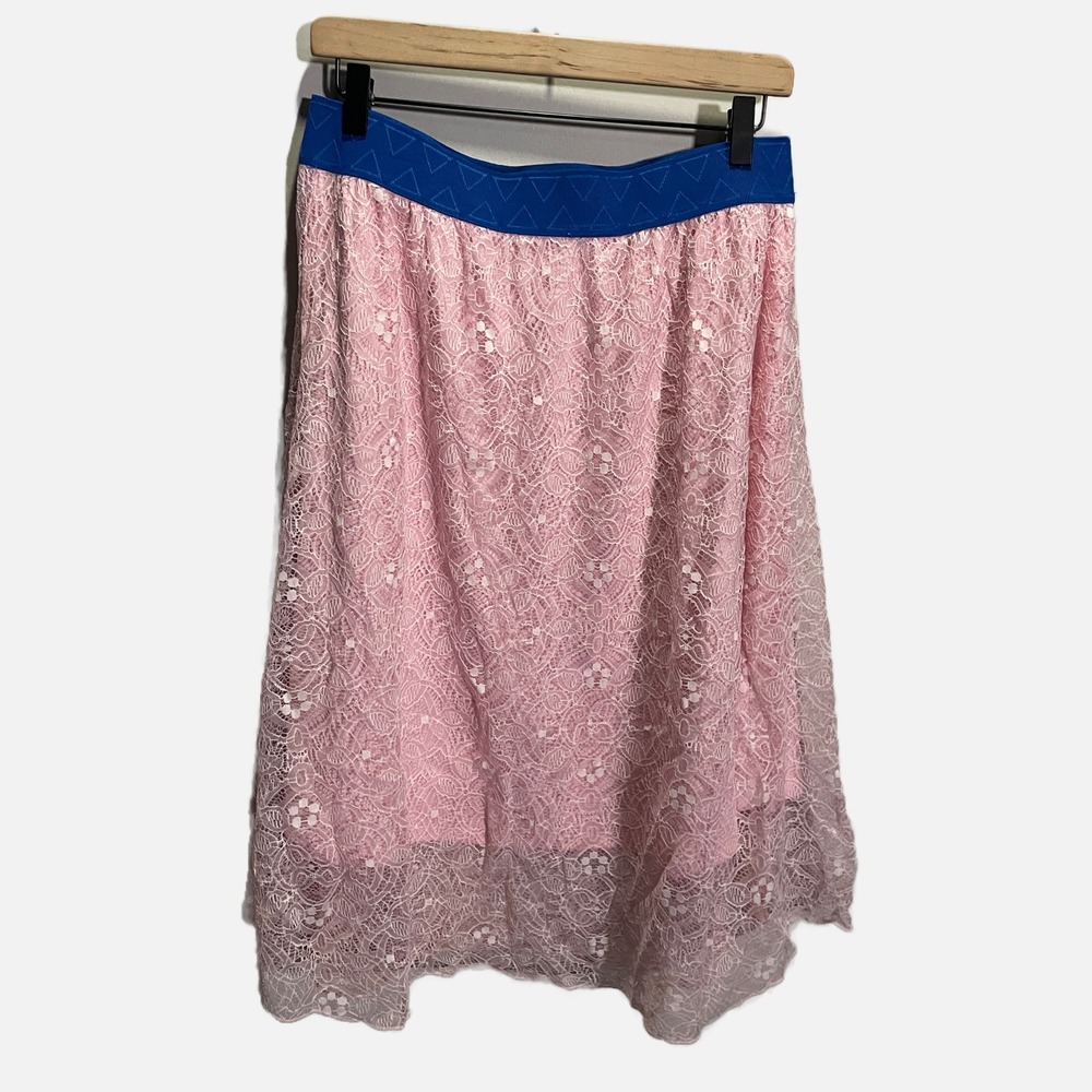 LuLaRoe Lola Pink Floral Lace Midi Skirt Blue Elastic‎ Waistband Large Womens
